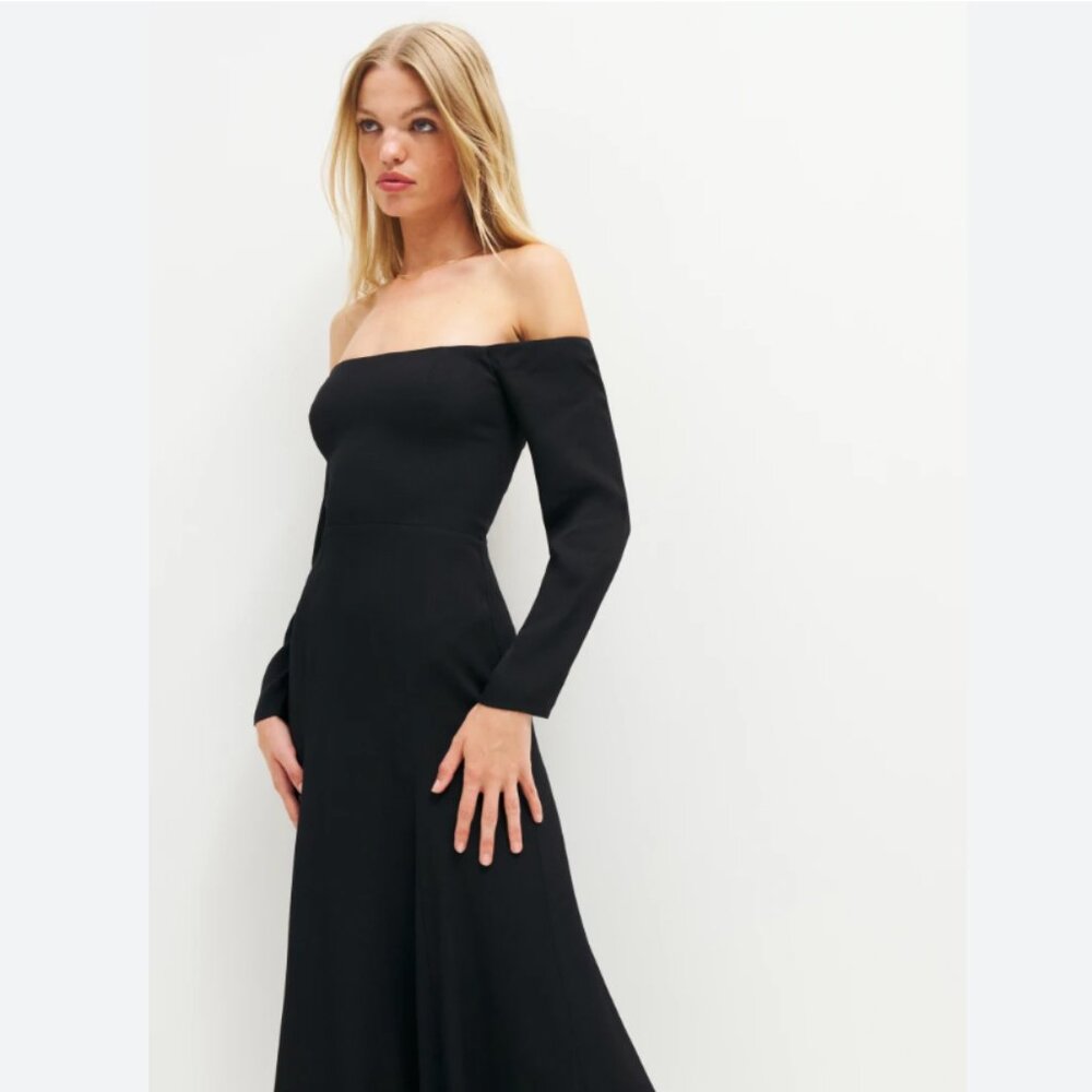 Reformation Ballari Dress - Off shoulder Black Midi - Picture 3 of 7